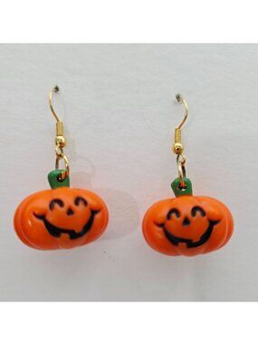 Halloween Jack-O-Lantern Pumpkin Earrings Gold Hooks Orange & Black Design